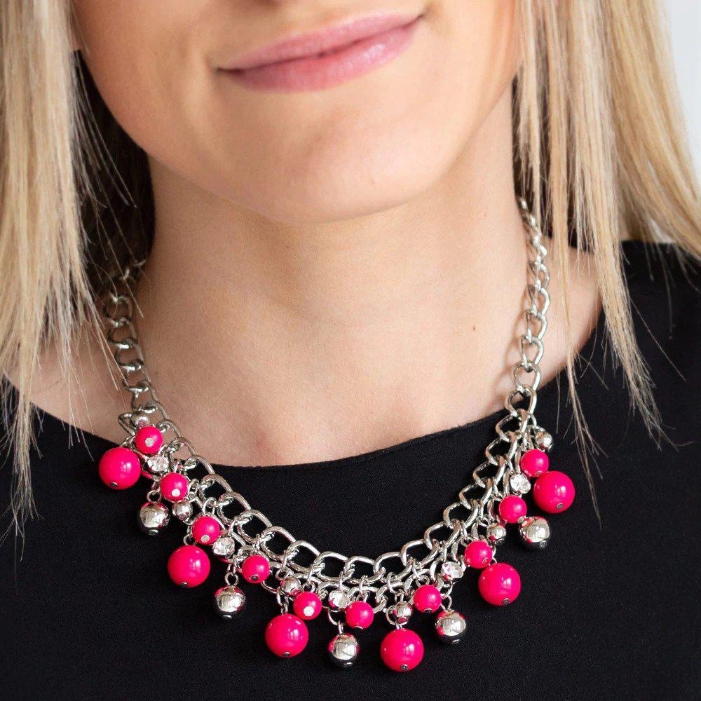 NEW Pink Bead & Silver Diamond Rhinestone Handmade Y2K Necklace & Earrings Set